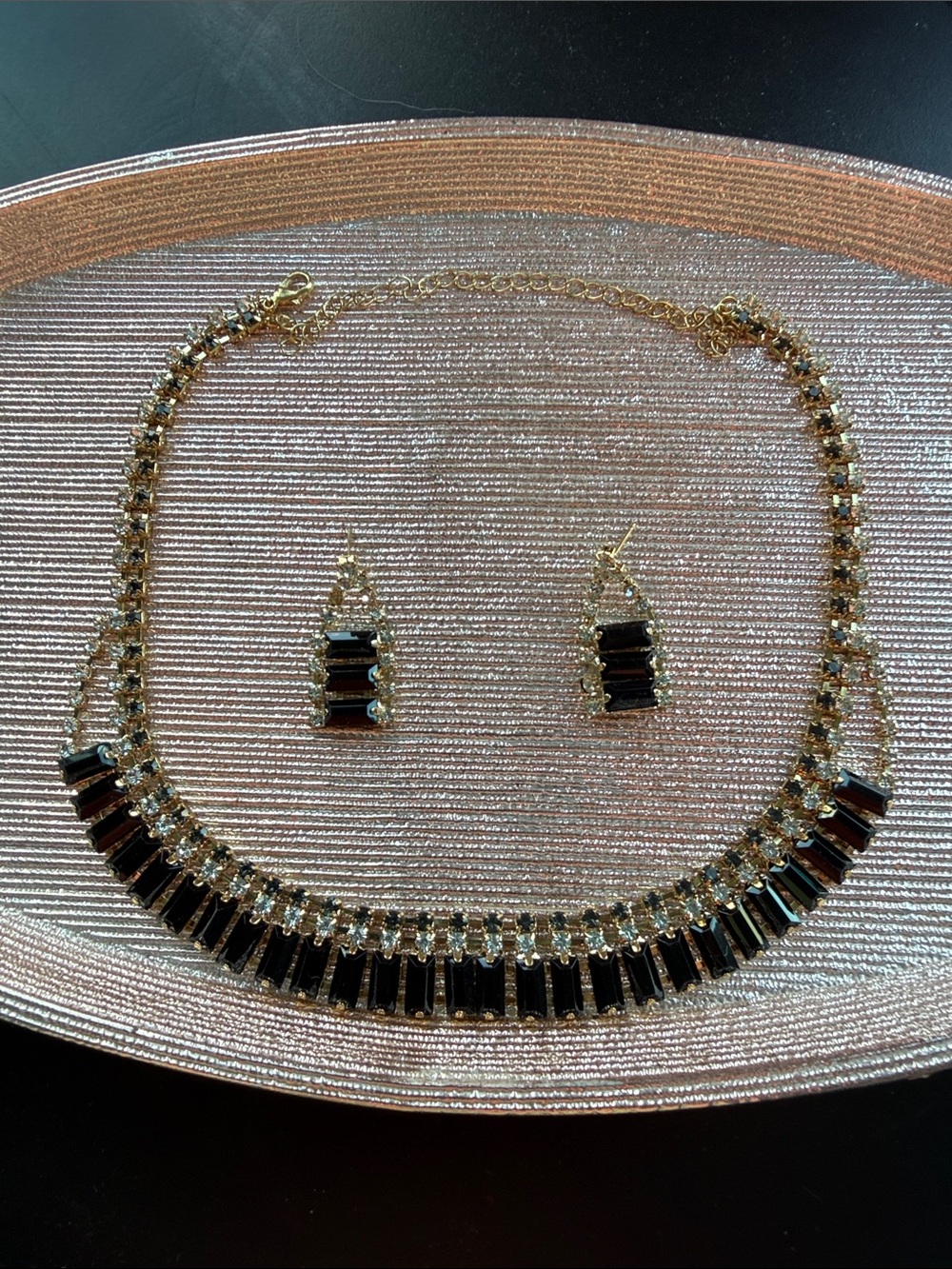 Gold-Tone Black and Clear Crystal Statement Necklace & Earring Set